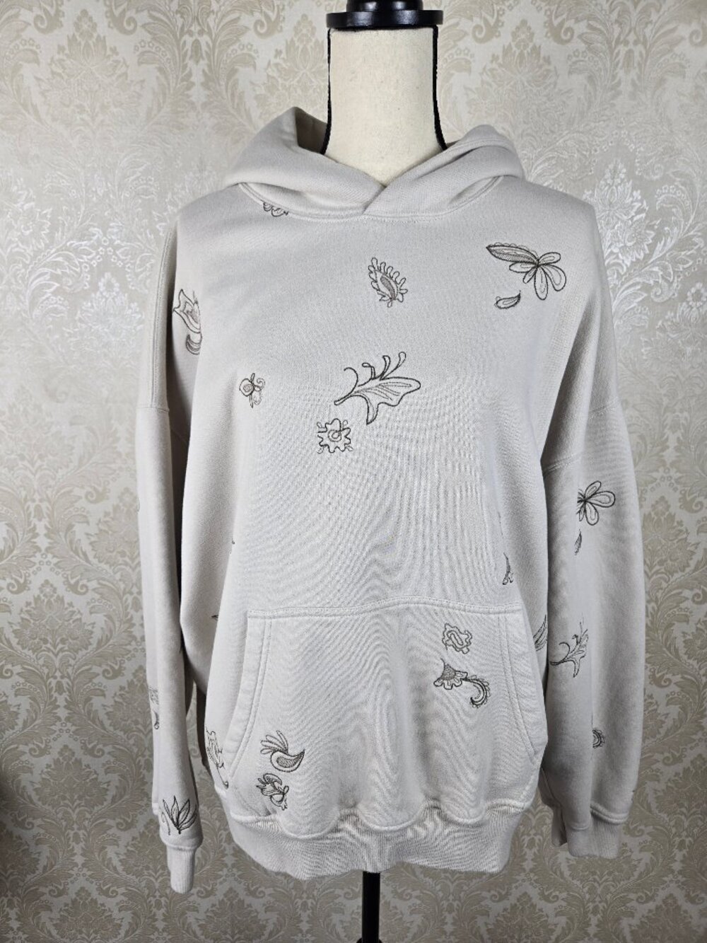 Abercrombie & Fitch Sz Large Oversized Cream Hoodie Brown Embroidery Frt Pocket